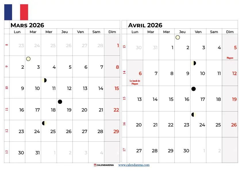 Calendrier Mars Avril 2026 À Imprimer