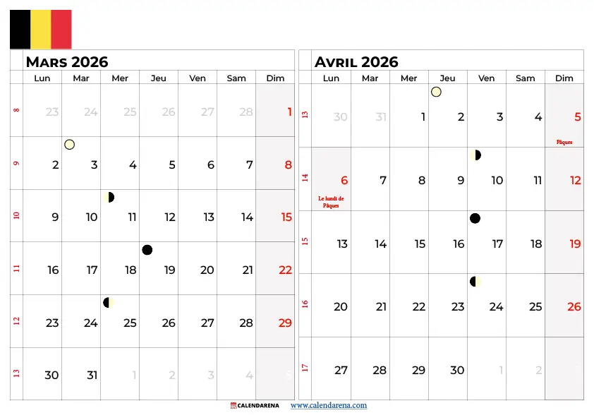 Calendrier Mars Avril 2026 Belgique
