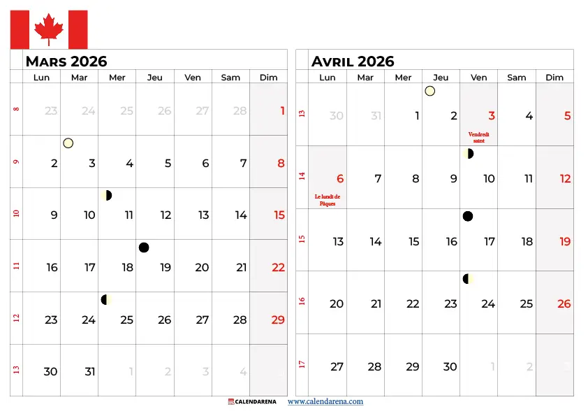 Calendrier Mars Avril 2026 Québec