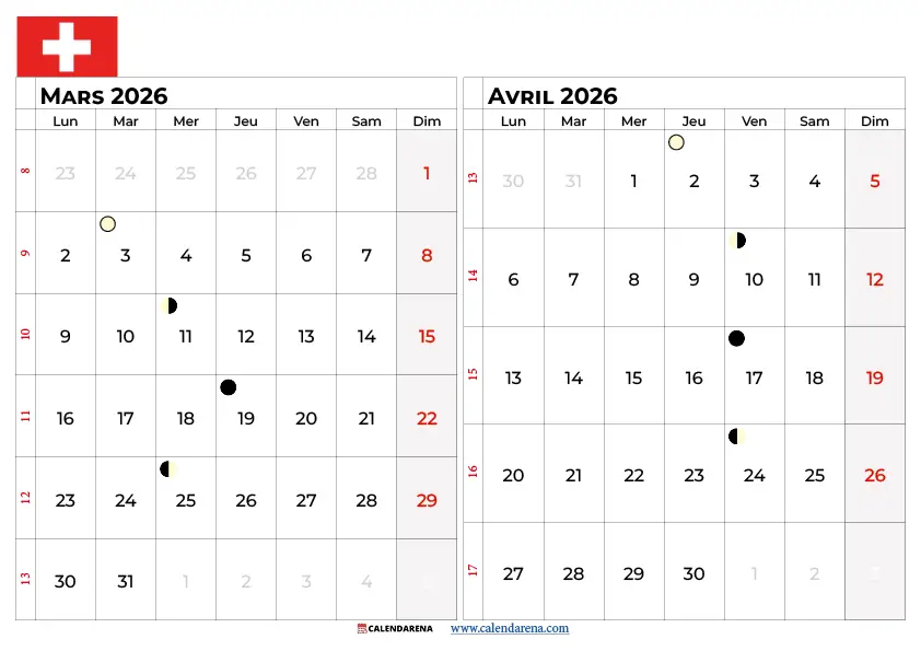Calendrier Mars Avril 2026 suisse