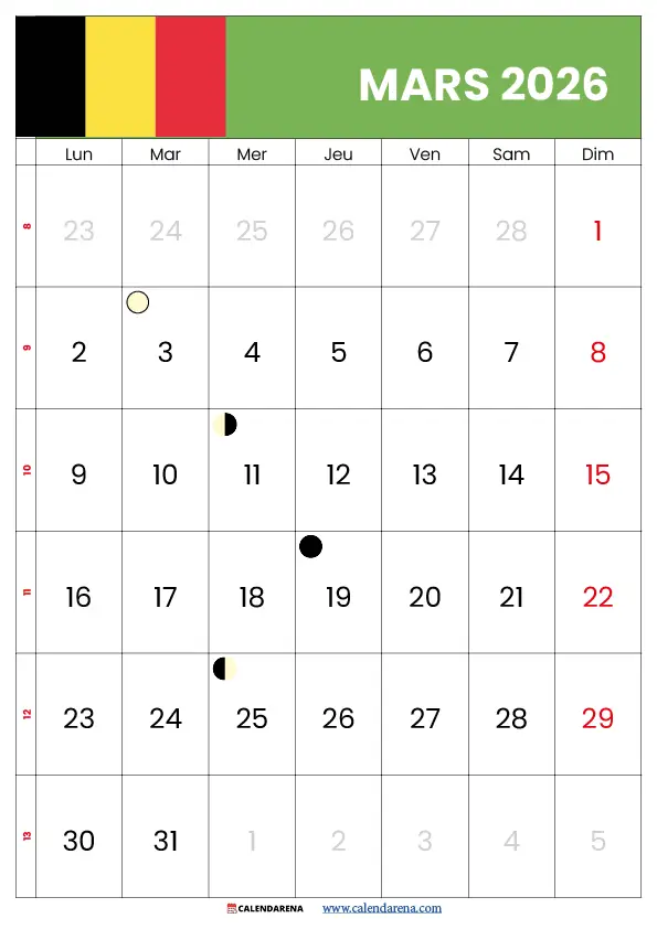 Calendrier Mois De Mars 2026 Belgique