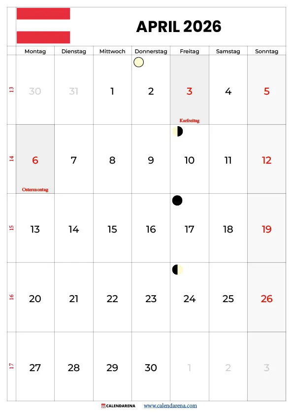 Kalender 2026 April Österreich