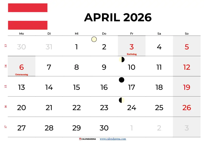 Kalender April 2026 Mit Feiertagen Österreich