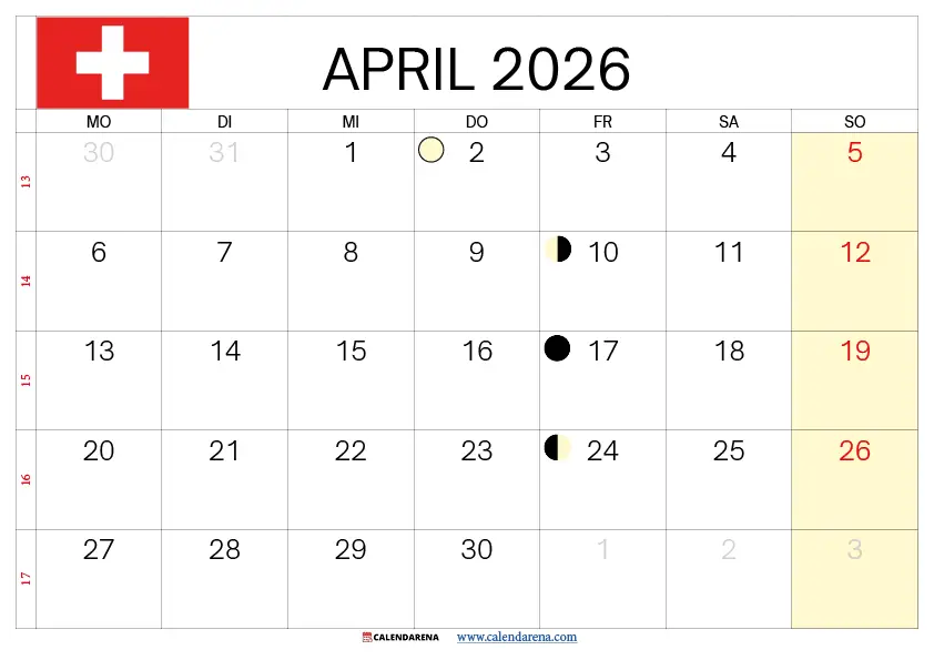 Kalender April 2026 Mit Feiertagen Schweiz