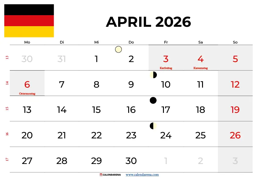 Kalender April 2026 Mit Feiertagen
