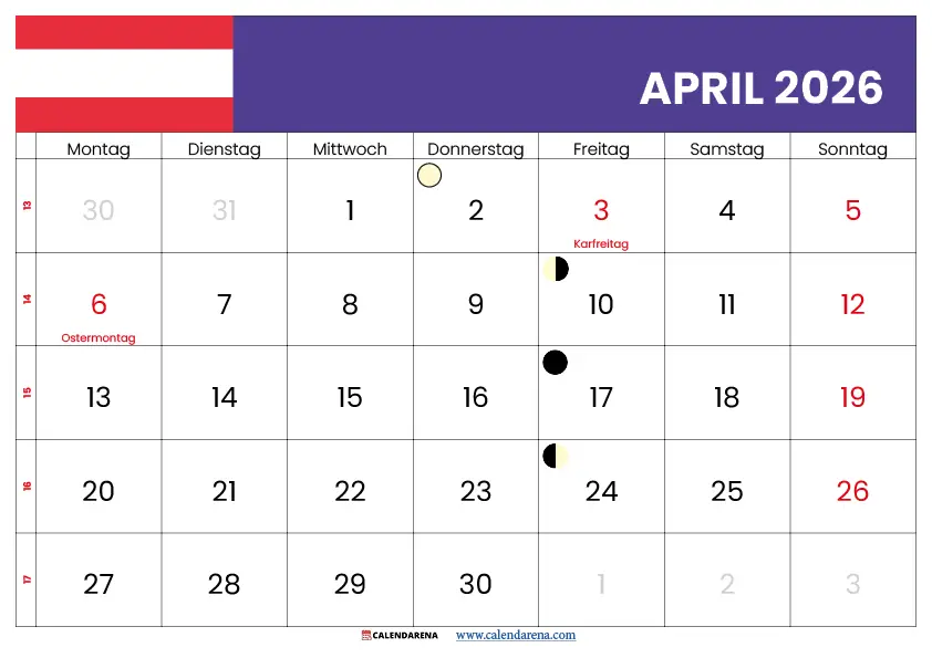 Kalender April 2026 Österreich