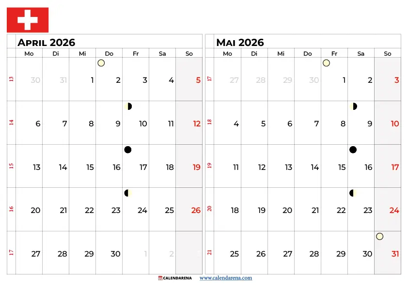 Kalender April Mai 2026 Schweiz