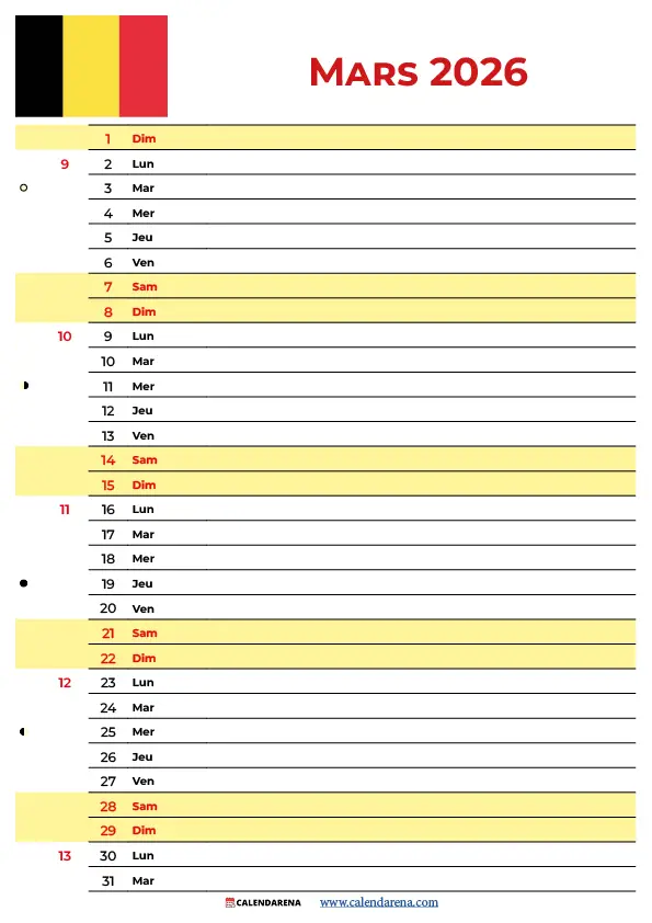 Mars 2026 Calendrier Belgique
