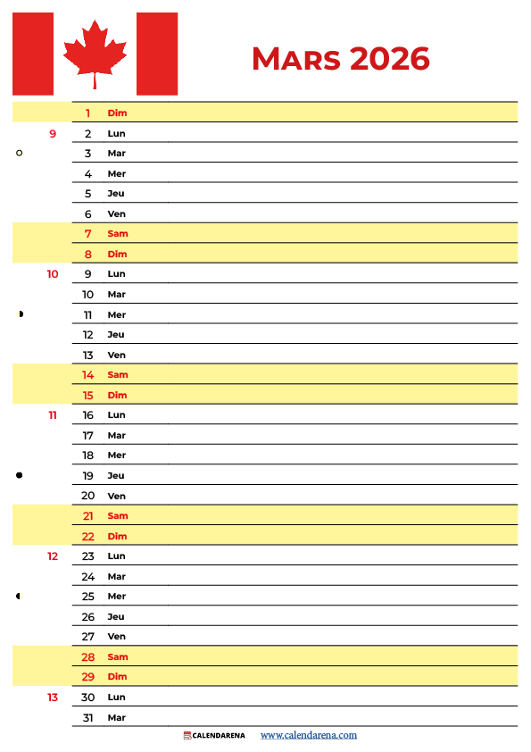 Mars 2026 Calendrier Québec