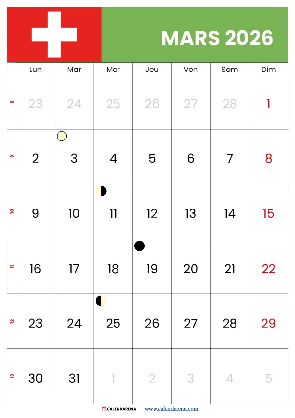 Mars 2026 Calendrier suisse
