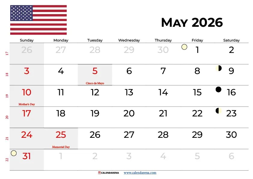May 2026 Calendar With Holidays United States
