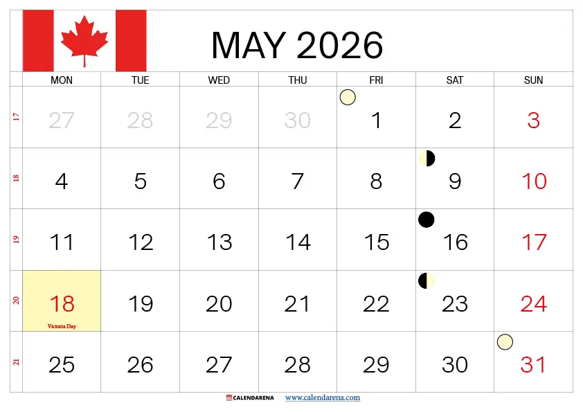 May Calendar 2026 Canada