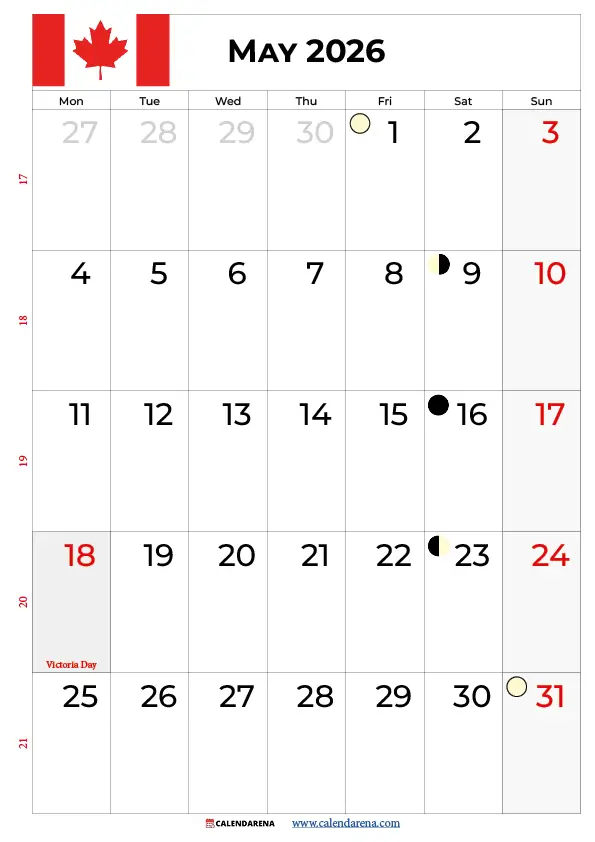 May Calendar 2026 With Holidays Canada