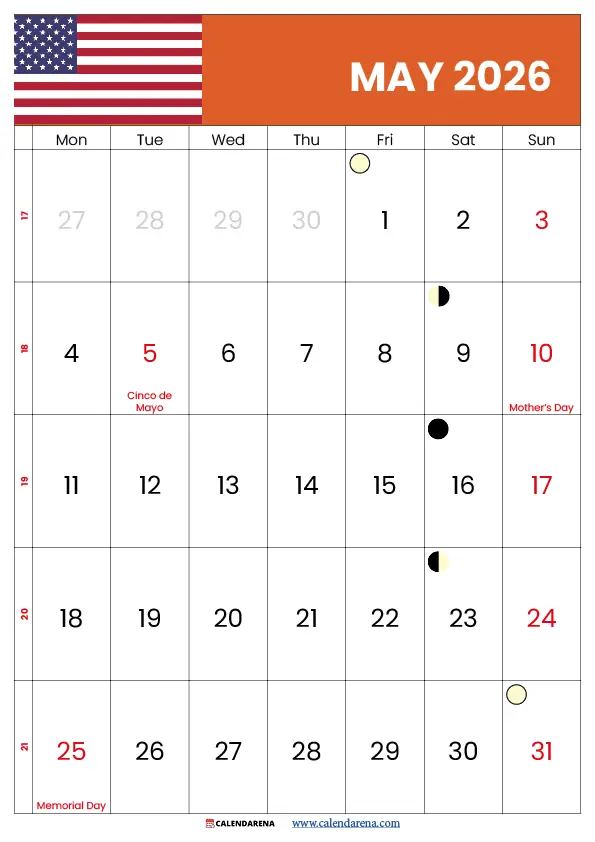 May Calendar 2026 With Holidays United States