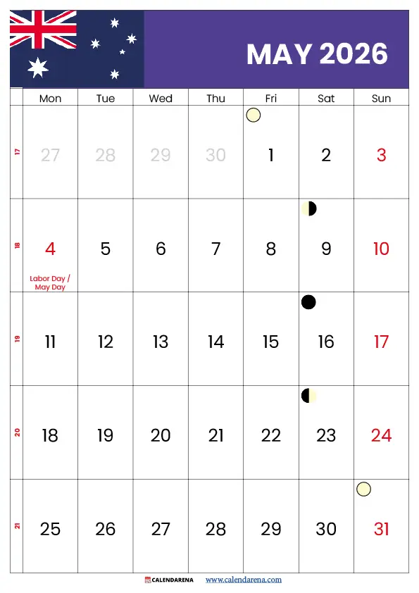 May Calendar Australia 2026