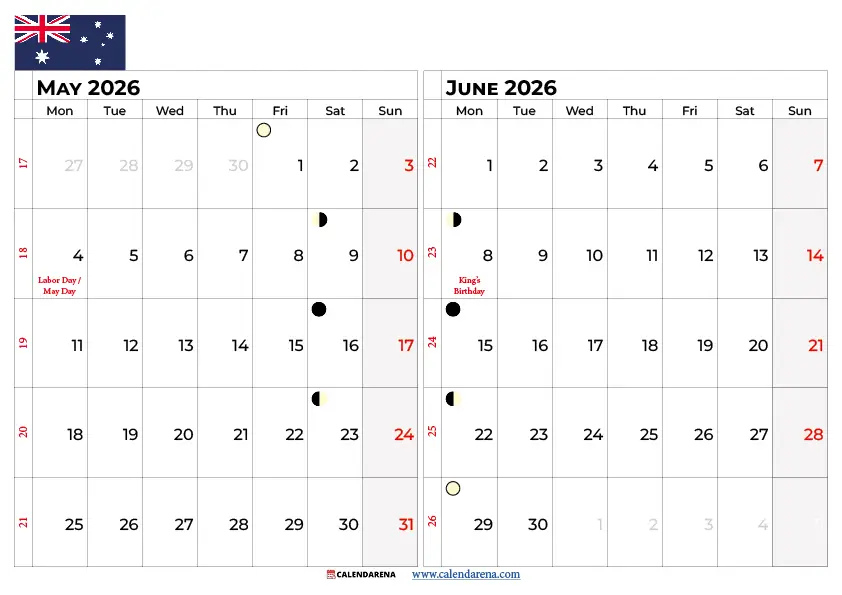 May June 2026 Calendar Australia