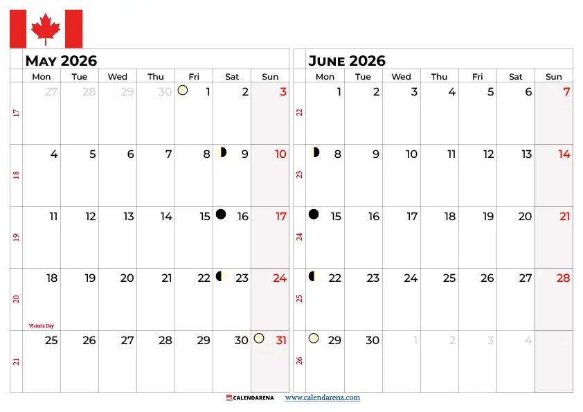 May June 2026 Calendar Canada