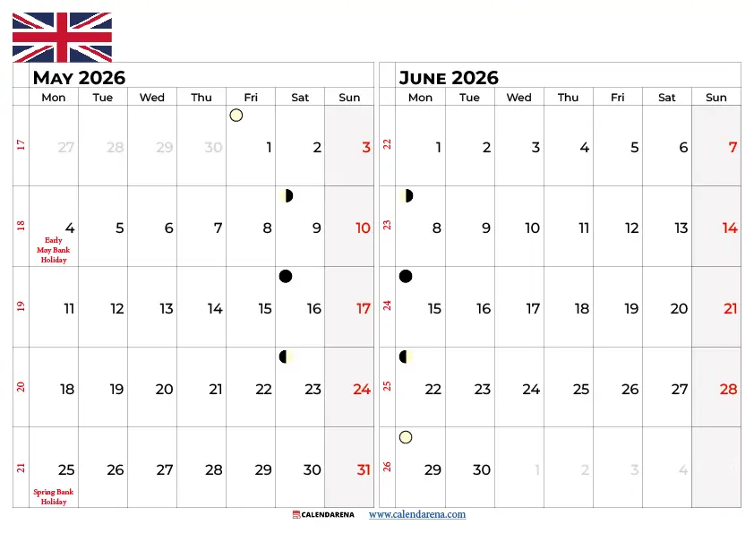 May June 2026 Calendar Uk