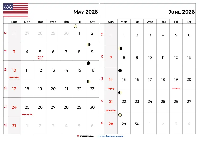 May June 2026 Calendar United States