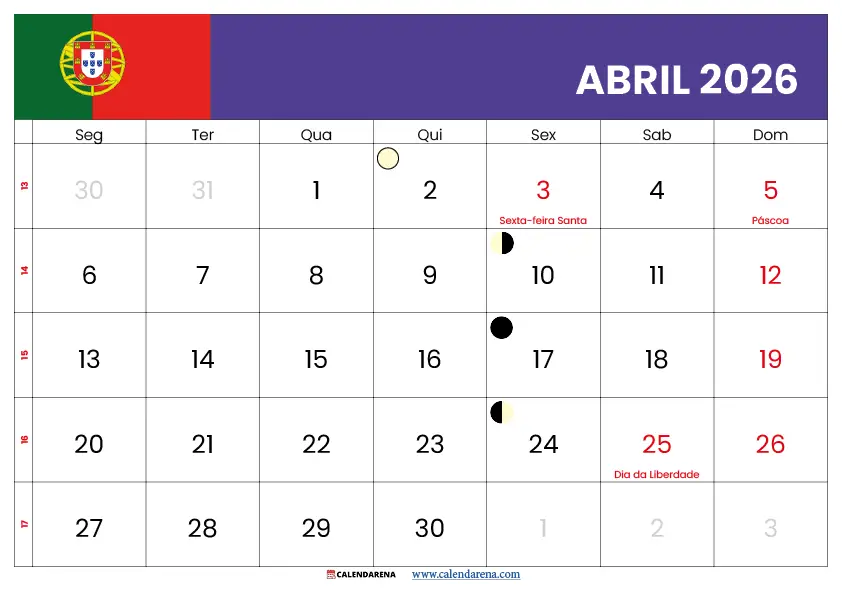 calendário abril 2026 com feriados portugal
