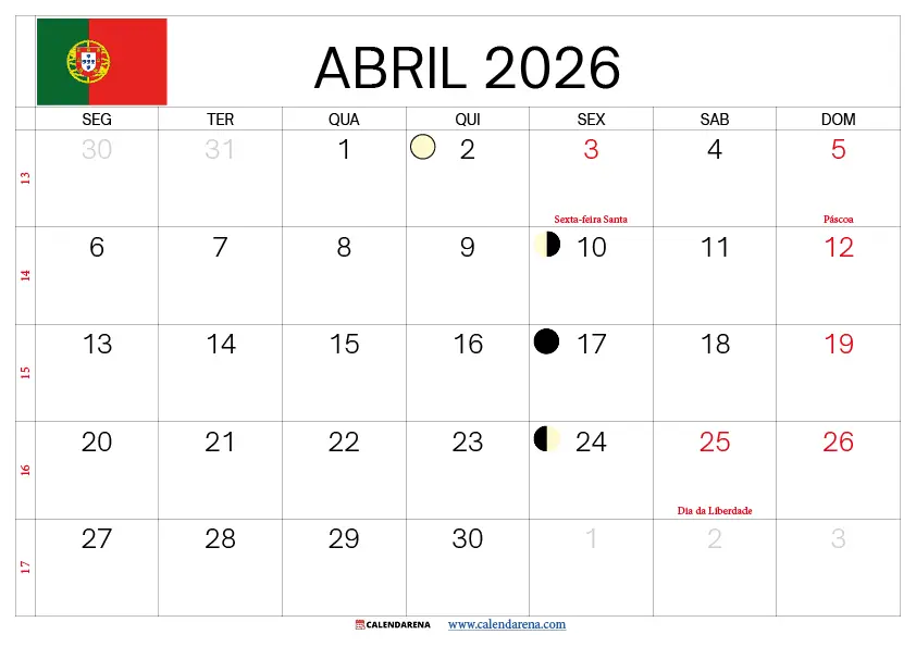 calendario abril 2026 imprimir portugal