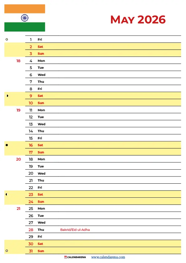 2026 May Calendar India