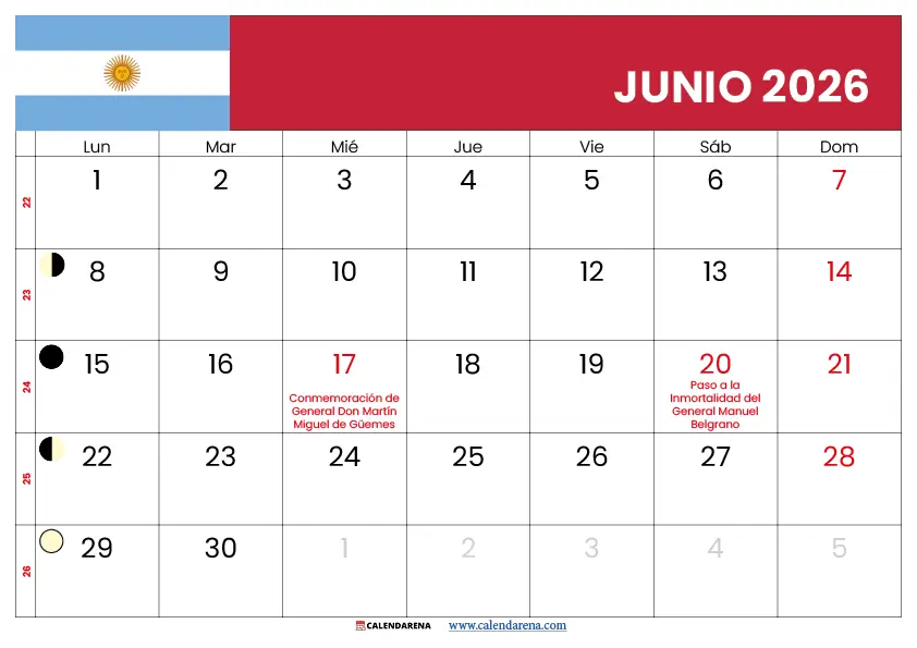 Almanaque Junio 2026 Argentina Para Imprimir