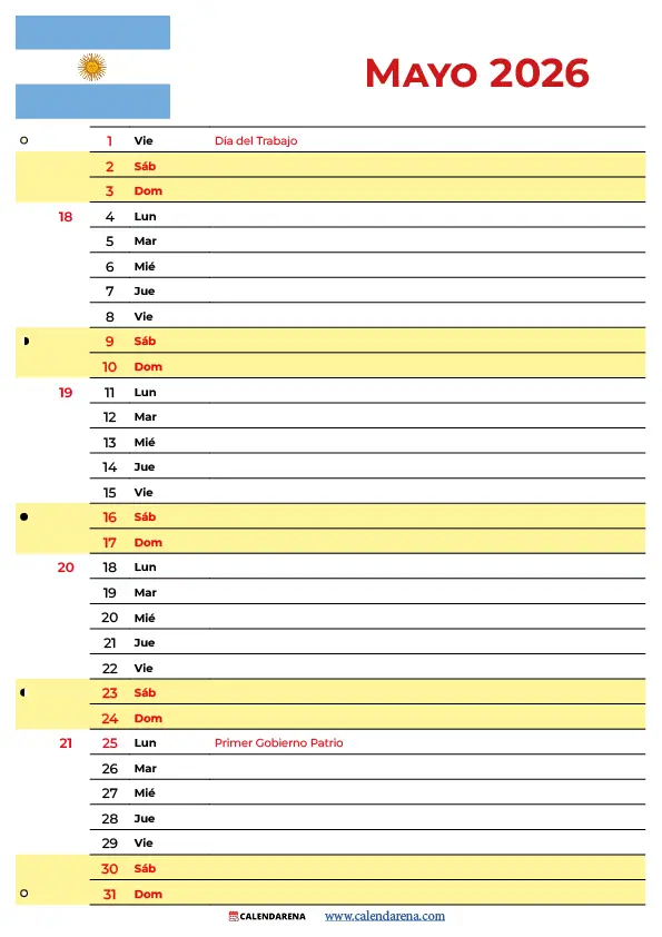 Almanaque Mayo 2026 Argentina