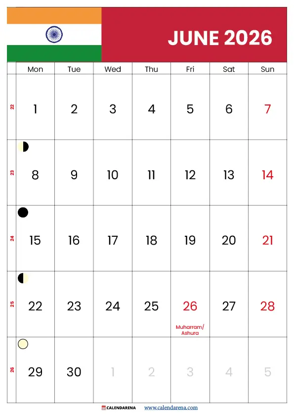 Calendar 2026 June Month India