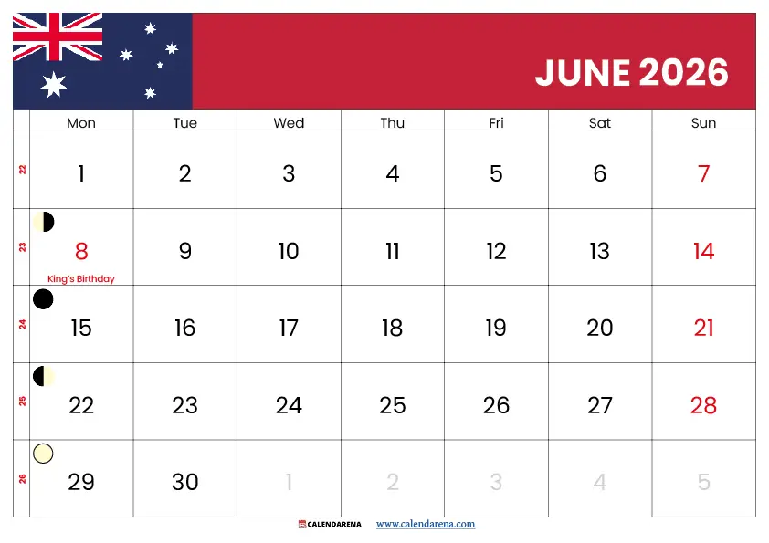 Calendar June 2026 Australia