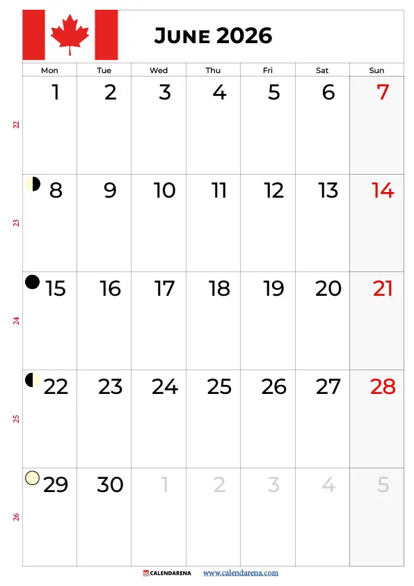 Calendar June 2026 Canada