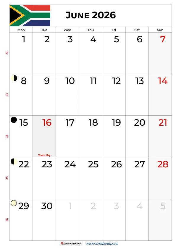 Calendar June 2026 South Africa