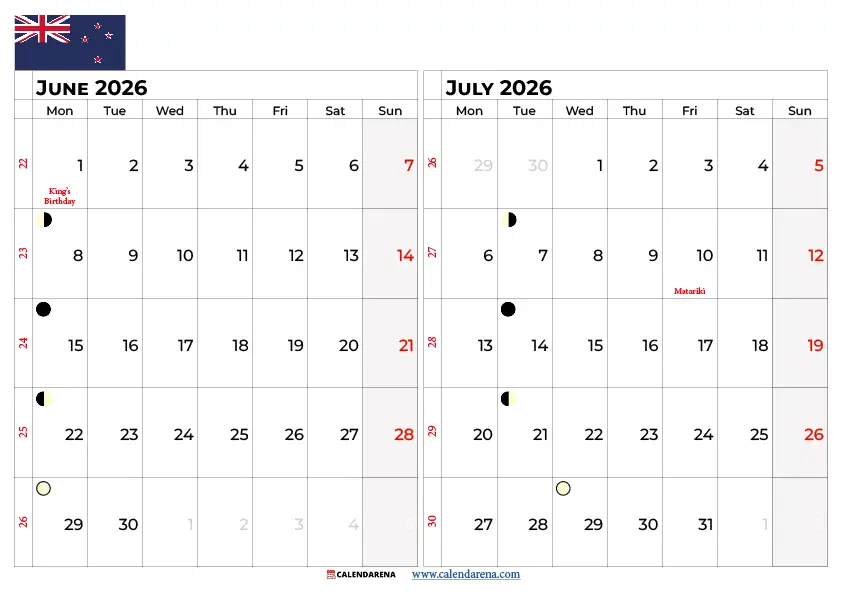 Calendar June July 2026 Nz
