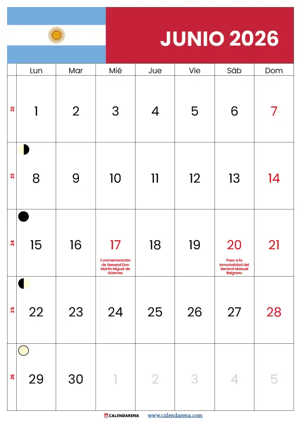 Calendario 2026 Junio Argentina