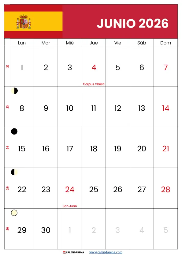 Calendario 2026 Junio España