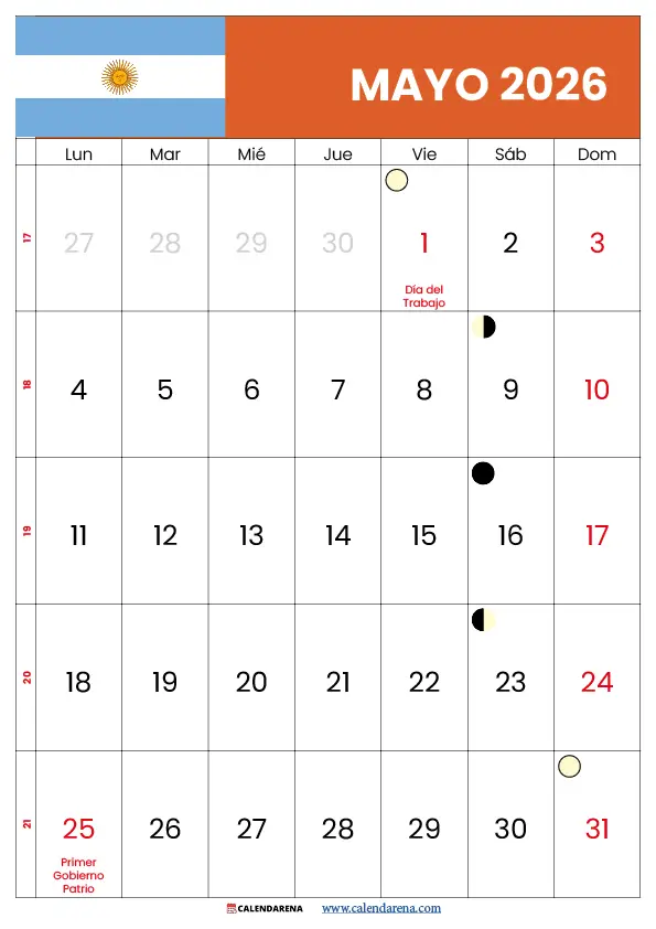 Calendario 2026 Mayo Argentina