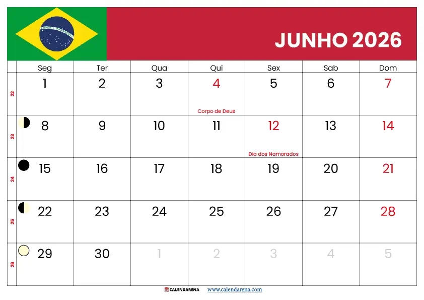 Calendário De Junho De 2026