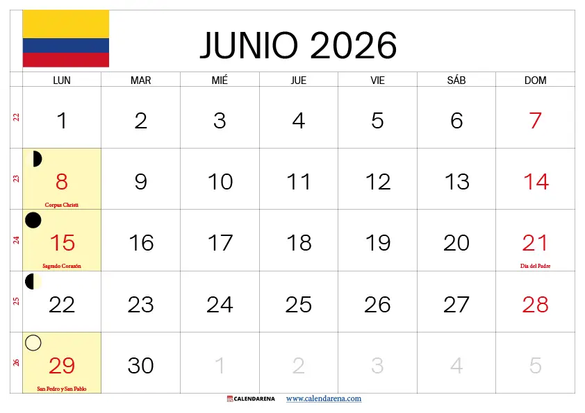 Calendario Junio 2026 Colombia Con Festivos Y Vacaciones