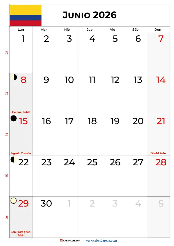 Calendario De Junio 2026 Con Festivos Colombia
