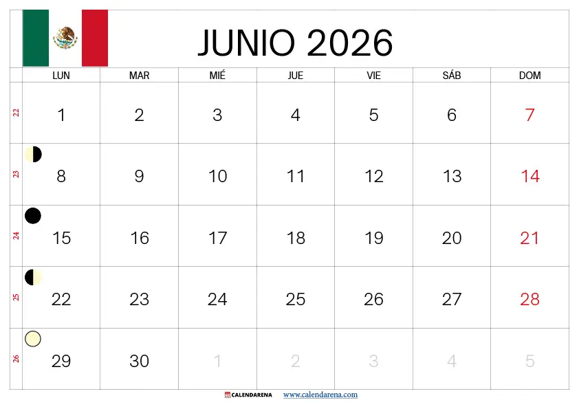 Calendario De Junio 2026 México