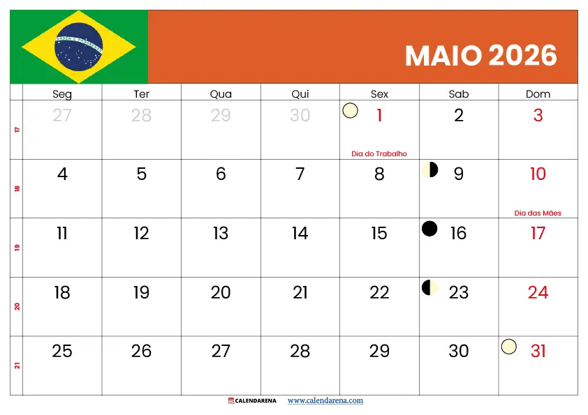 Calendário De Maio De 2026 Brasil