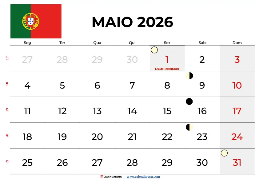 Calendário De Maio De 2026 Portugal