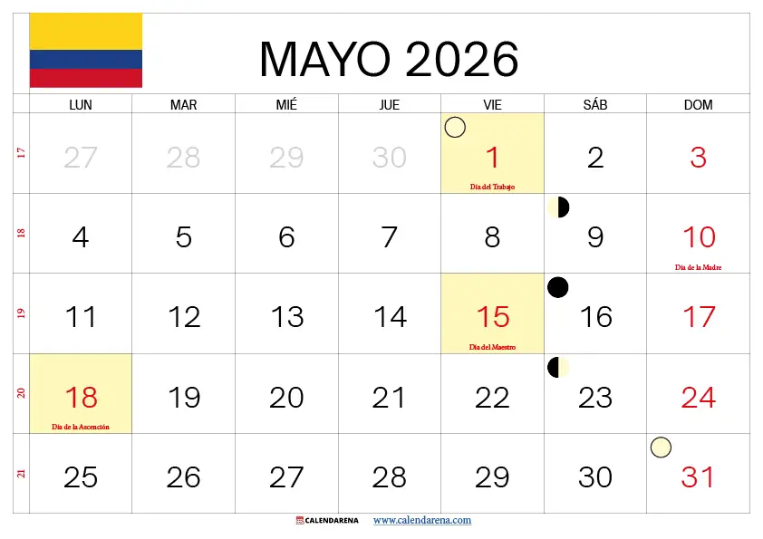 Calendario De Mayo 2026 Colombia
