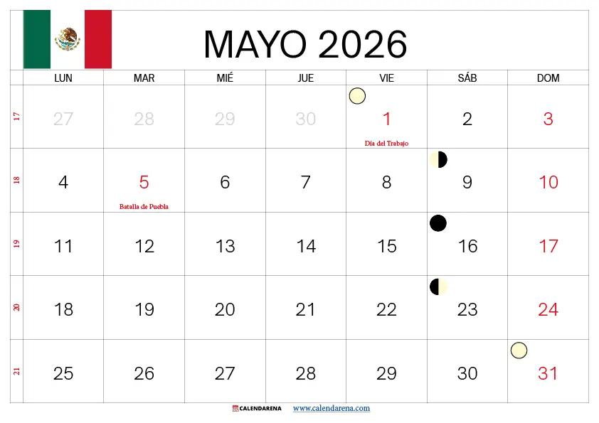 Calendario De Mayo 2026 México
