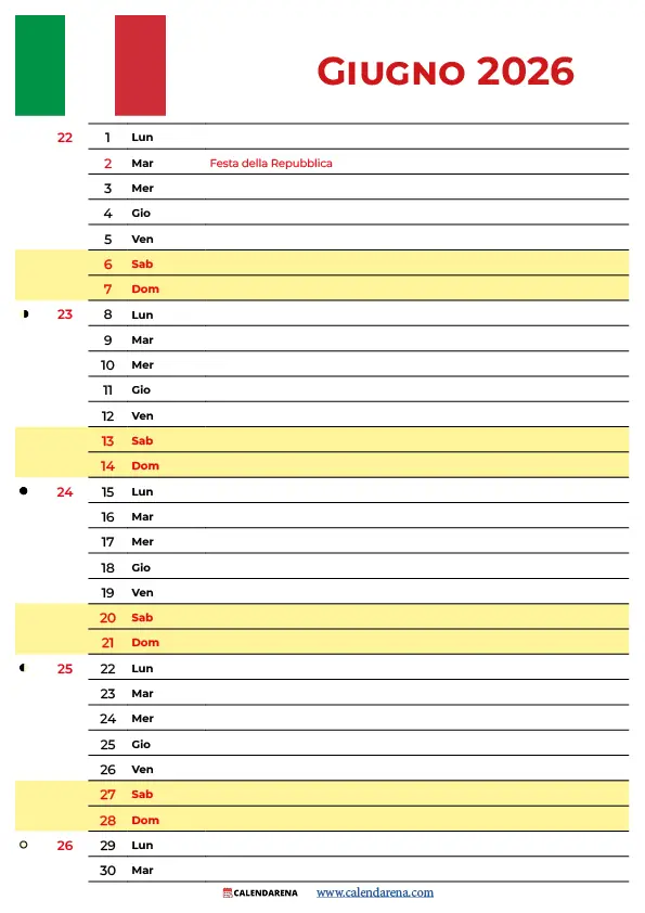Calendario Di Giugno 2026