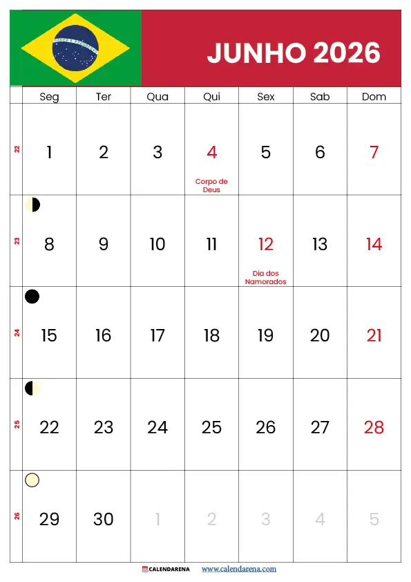 Calendário Do Mês De Junho De 2026