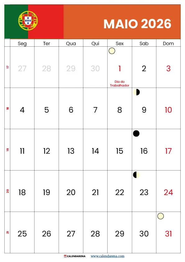 Calendário Do Mês De Maio De 2026 Portugal
