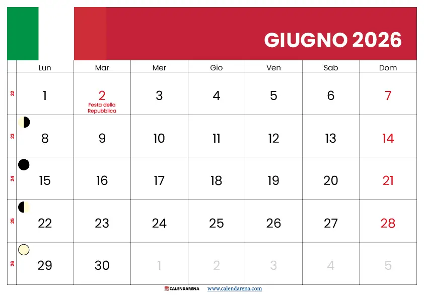 Calendario Giugno 2026 Con Festività