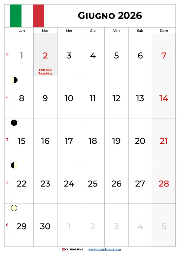 Calendario Giugno 2026 Da Stampare