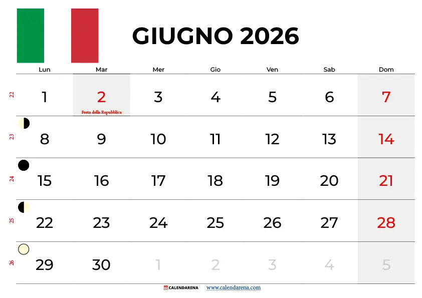 Calendario Giugno 2026